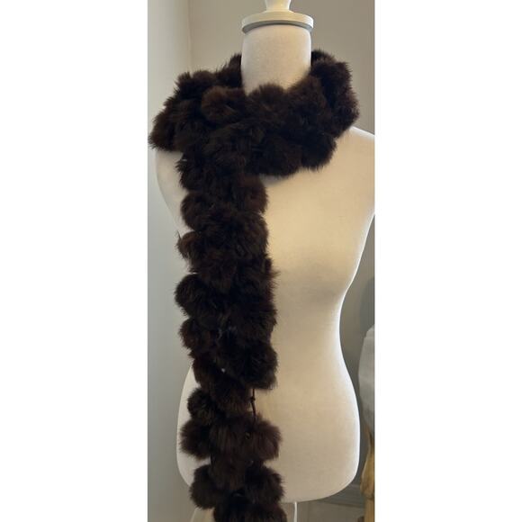 VTG Y2K Esprit Scarf Real Rabbit Fur Pom Pom OS Brown Wrap Luxury Old Money 90s - Picture 2 of 13